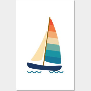 Beach Catamaran sailboat in summer. Retro 70s and 80s color style on white background. Posters and Art